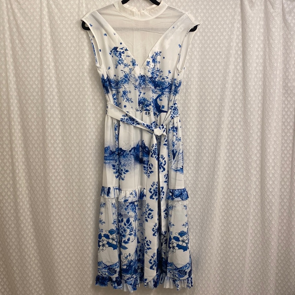 High neck sleeveless midi/tea dress in blue & white China print
